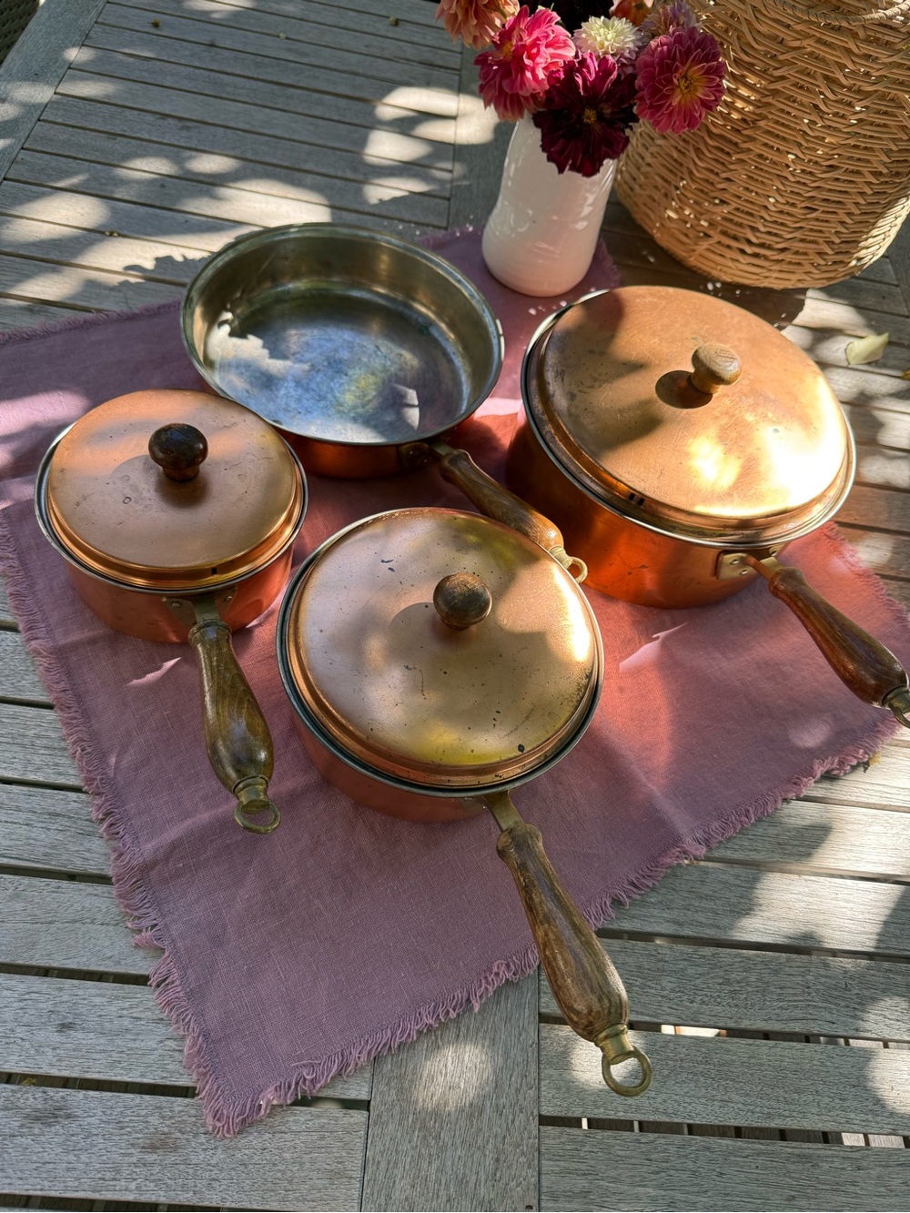 Vintage Copper Cookware Set - Copper/Brass &Wood Handles